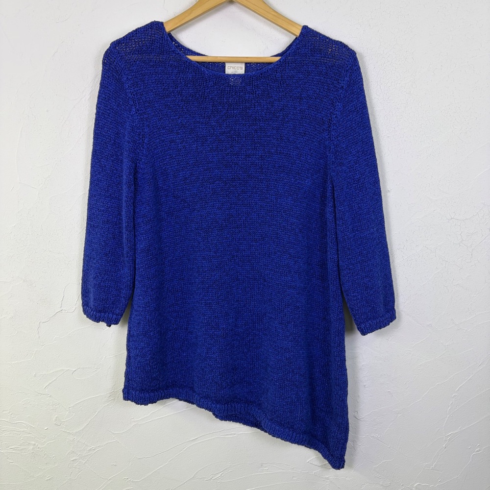 Chicos Sweater Women 3 Cobalt Blue Asymmetrical Cotton Blend Knit Coastal Chic